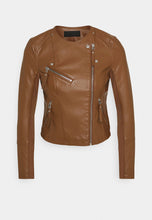 Load image into Gallery viewer, Women's Tan Brown Leather Biker Jacket