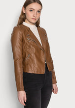 Load image into Gallery viewer, Women's Tan Brown Leather Biker Jacket