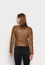 Load image into Gallery viewer, Women's Tan Brown Leather Biker Jacket
