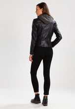 Load image into Gallery viewer, Women’s Black Leather Jacket Removable Hood