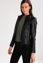 Load image into Gallery viewer, Women’s Black Leather Jacket Removable Hood