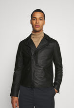 Load image into Gallery viewer, Men&#39;s Black Leather Biker Jacket with Black Zippers
