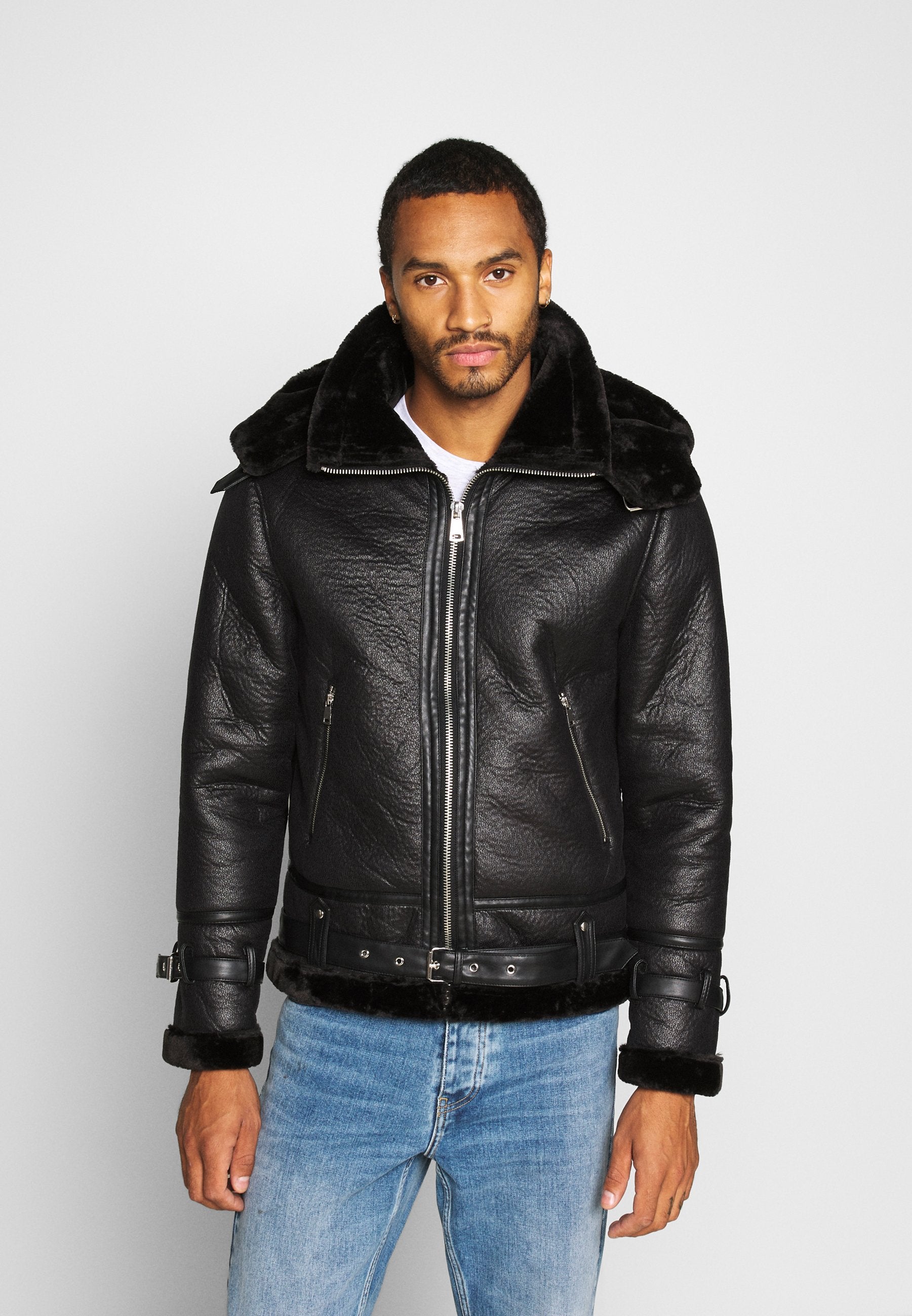 Black mens aviator jacket best sale