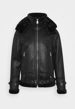 Load image into Gallery viewer, Men’s Aviator Removable Hood Black Leather Shearling Jacket