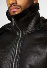 Load image into Gallery viewer, Men’s Aviator Removable Hood Black Leather Shearling Jacket