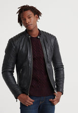 Load image into Gallery viewer, Men’s Black Leather Crew Neck Biker Jacket