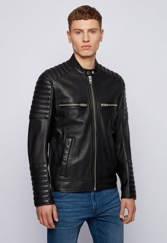 Men’s Black Leather Crew Neck Biker Jacket