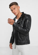Load image into Gallery viewer, Black Leather Biker Jacket for Men