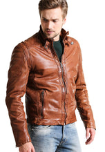 Load image into Gallery viewer, Men&#39;s Camel Brown Leather Biker Jacket made from cowhide leather, featuring a crew neck, zip closure, and multiple pockets, including a gun pocket, for style and functionality.
