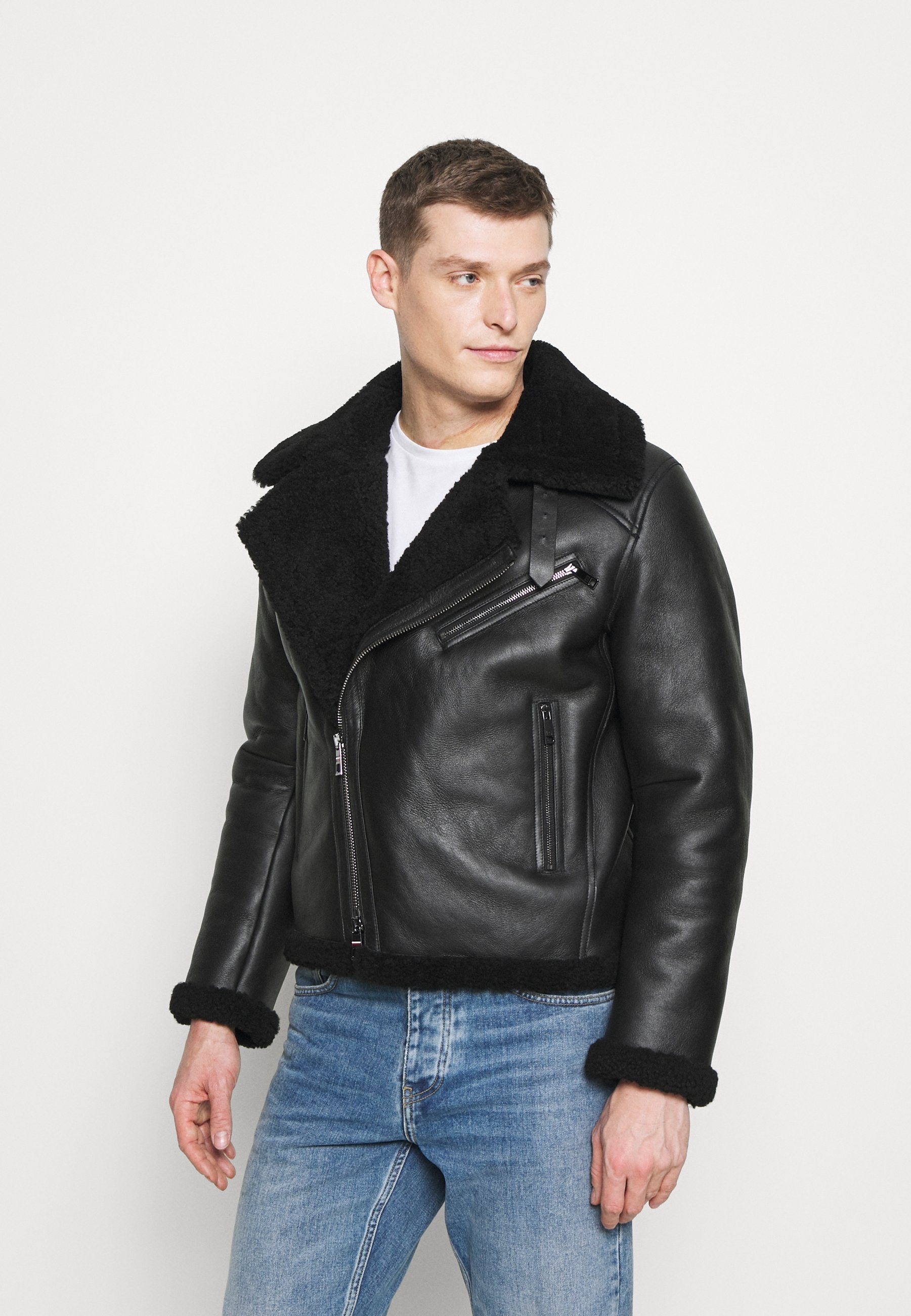 Men s Biker Black Leather Shearling Jacket