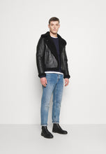 Load image into Gallery viewer, Men's Biker Black Leather Shearling Jacket
