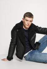 Load image into Gallery viewer, Men's Biker Black Leather Shearling Jacket