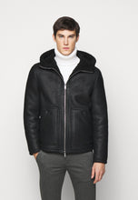 Load image into Gallery viewer, Men's Black Leather Shearling Hooded Jacket