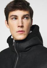 Load image into Gallery viewer, Men's Black Leather Shearling Hooded Jacket
