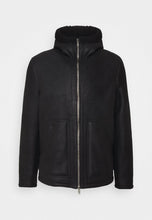 Load image into Gallery viewer, Men's Black Leather Shearling Hooded Jacket