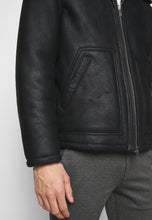 Load image into Gallery viewer, Men's Black Leather Shearling Hooded Jacket