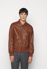 Load image into Gallery viewer, dark brown leather bomber jacket