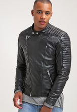 Load image into Gallery viewer, Men’s Black Quilted Leather Biker Jacket