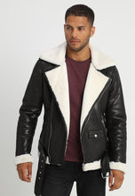 Load image into Gallery viewer, Men's Black Leather White Shearling Biker Jacket