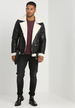 Load image into Gallery viewer, Men's Black Leather White Shearling Biker Jacket