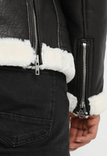 Load image into Gallery viewer, Men's Black Leather White Shearling Biker Jacket