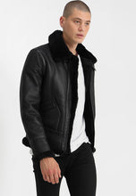Load image into Gallery viewer, Men's Aviator Black Leather Black Shearling Jacket