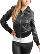 Load image into Gallery viewer, Women’s Black Leather Short Bomber Jacket