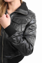 Load image into Gallery viewer, Women’s Black Leather Short Bomber Jacket