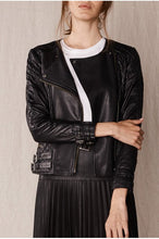 Load image into Gallery viewer, Women’s Black Leather Biker Jacket Crew Neck