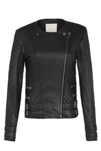 Load image into Gallery viewer, Women’s Black Leather Biker Jacket Crew Neck