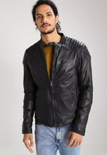 Load image into Gallery viewer, Men's Black Leather Perforated Biker Jacket