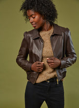 Load image into Gallery viewer, Women's Chocolate Brown Leather Bomber Jacket