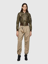 Load image into Gallery viewer, Women’s Green Leather Bomber Jacket With Arm Pocket