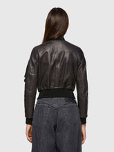 Load image into Gallery viewer, Women&#39;s Black Leather Bomber Jacket With Arm Pocket
