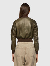 Load image into Gallery viewer, Women’s Green Leather Bomber Jacket With Arm Pocket
