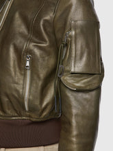 Load image into Gallery viewer, Women’s Green Leather Bomber Jacket With Arm Pocket
