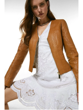 Load image into Gallery viewer, Women’s Tan Brown Leather Jacket V Neck