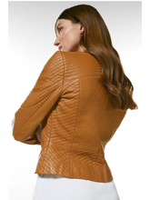 Load image into Gallery viewer, Women’s Tan Brown Leather Jacket V Neck