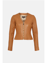 Load image into Gallery viewer, Women’s Tan Brown Leather Jacket V Neck