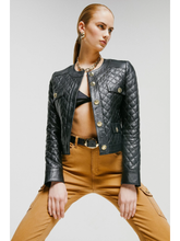 Load image into Gallery viewer, Women’s Black Leather Jacket Golden Buttons