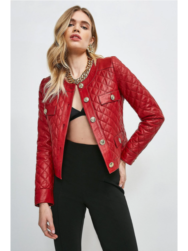 Women’s Wine Red Leather Jacket Golden Buttons - Red Jacket