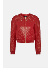 Load image into Gallery viewer, Women&#39;s Wine Red Leather Studded Bomber Jacket
