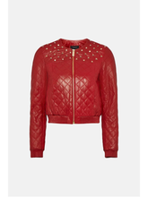 Load image into Gallery viewer, Women's Wine Red Leather Studded Bomber Jacket