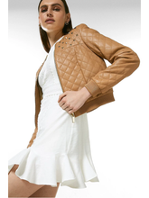 Load image into Gallery viewer, Women's Tan Beige Leather Studded Bomber Jacket