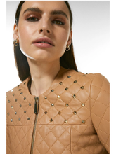 Load image into Gallery viewer, Women's Tan Beige Leather Studded Bomber Jacket