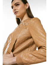 Load image into Gallery viewer, Women's Tan Beige Leather Studded Bomber Jacket