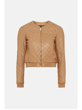 Load image into Gallery viewer, Women's Tan Beige Leather Studded Bomber Jacket