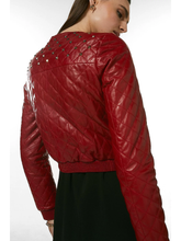 Load image into Gallery viewer, Women's Wine Red Leather Studded Bomber Jacket