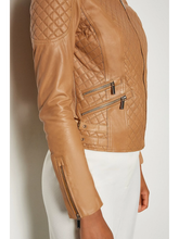 Load image into Gallery viewer, Women’s Tan Beige Leather Biker Jacket