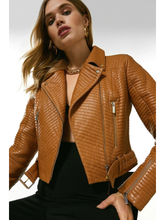 Load image into Gallery viewer, Women’s Tan Brown Leather Biker Jacket